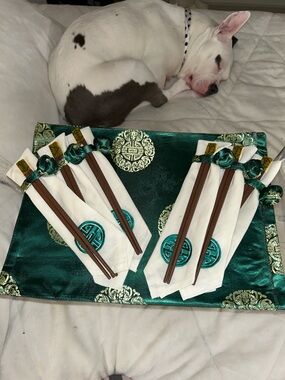 Asian Silk Emerald Green & Gold Placemat & Chopstick Napkin Set Set Of 6